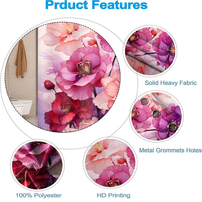 Uiiooazy Pink Shower Curtain for Bathroom Rose Pink Floral Shower Curtain Set with Hooks Abstract Purple Pink Flowers Bathtub Decor Waterproof Fabric Curtains 72x72inches - Image 3